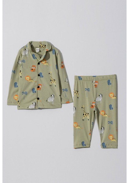 %100 Pamuk Hayvan Detaylı Gömlek Üst 2'li Pijama Takımı