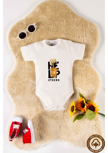 Unisex Organik %100 Pamuklu Help Teddy Bear Baskılı 3-6-9-12 Ay Bebek Body Ekru Badi Zıbın