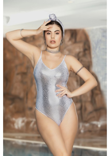 Kadın Gümüş Deri Görünümlü Askılı Sırt Dekolteli Ip Detaylı Üçgen Yüzücü Mayo HZL24S-AR1835-25