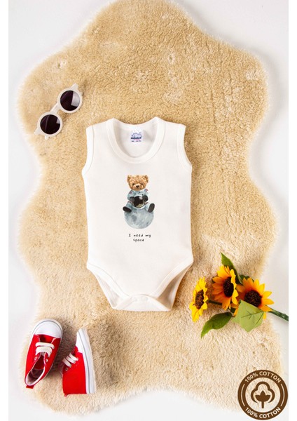 Unisex Organik %100 Pamuklu Space Teddy Bear Baskılı 3-6-9-12 Ay Bebek Body Ekru Badi Zıbın