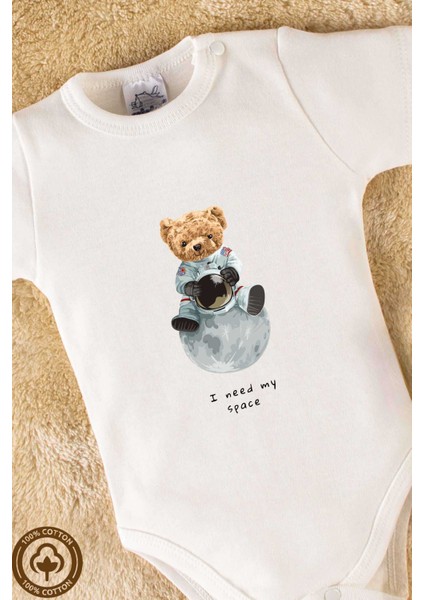 Unisex Organik %100 Pamuklu Space Teddy Bear Baskılı 3-6-9-12 Ay Bebek Body Ekru Badi Zıbın