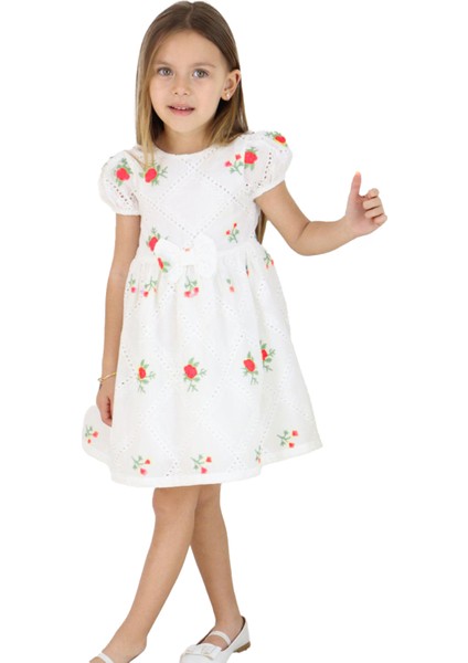 Çiçek Nakış Asimetrik Brodeli Kız çocuk elbise - Kırmızı fiyatları