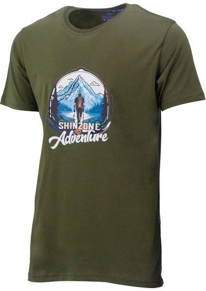 Erkek Bisiklet Yaka Mevsimlik Adventure Baskılı Standart Fit Haki T-Shirt