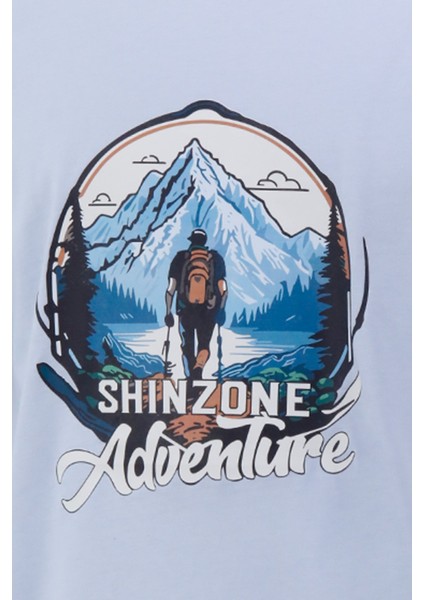 Erkek Bisiklet Yaka Mevsimlik Adventure Baskılı Standart Fit Mavi T-Shirt