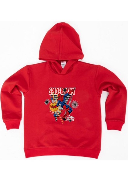 Spiderman Baskılı Örümcek Adam Kapüşonlu Pamuklu Kumaş Çocuk Sweatshirt