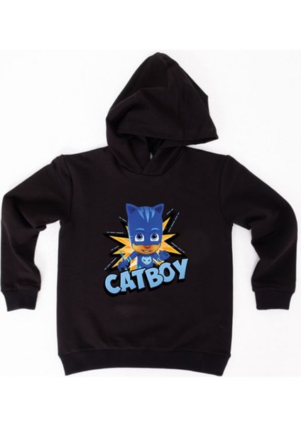 Pj Maskeliler Catboy Baskılı Kapüşonlu Pamuklu Kumaş Çocuk Sweatshirt