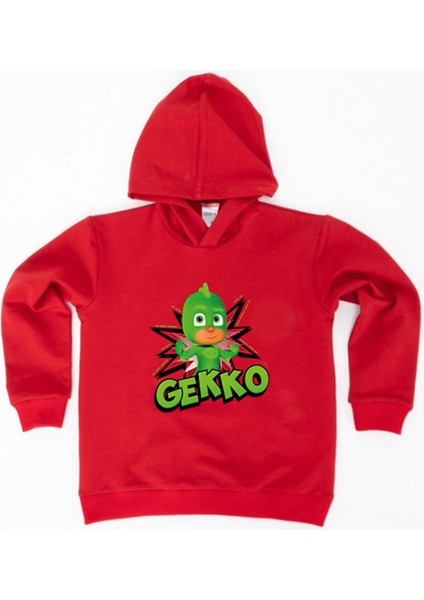 Pj Maskeliler Gekko Baskılı Kapüşonlu Pamuklu Kumaş Çocuk Sweatshirt