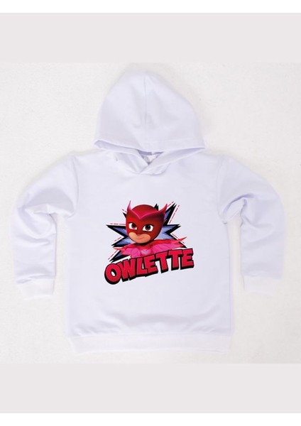 Pj Maskeliler Owlette Baskılı Kapüşonlu Pamuklu Kumaş Çocuk Sweatshirt