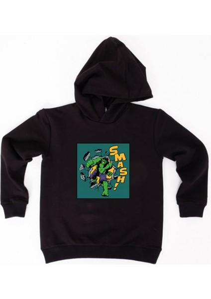 Hulk Baskılı Kapüşonlu Pamuklu Kumaş Çocuk Sweatshirt