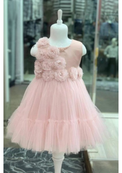 Çiçek Detaylı Abiye Tütü elbise - Pembe