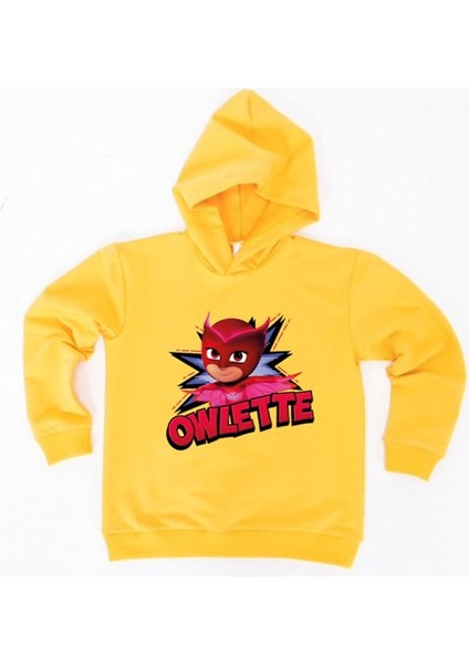Pj Maskeliler Owlette Baskılı Kapüşonlu Pamuklu Kumaş Çocuk Sweatshirt