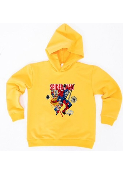 Spiderman Baskılı Örümcek Adam Kapüşonlu Pamuklu Kumaş Çocuk Sweatshirt