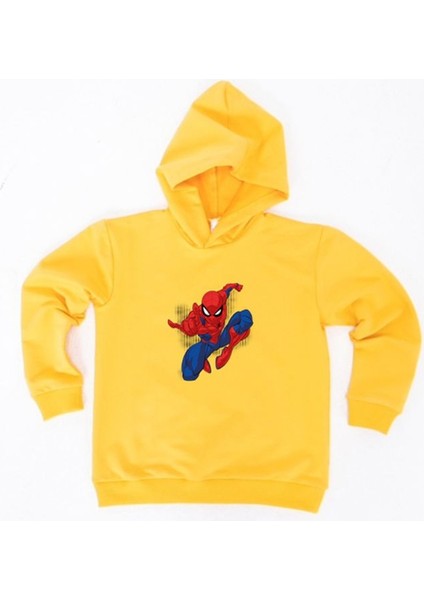 Spiderman Baskılı Örümcek Adam Kapüşonlu Pamuklu Kumaş Çocuk Sweatshirt
