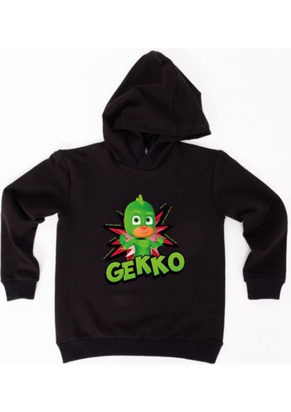 Pj Maskeliler Gekko Baskılı Kapüşonlu Pamuklu Kumaş Çocuk Sweatshirt