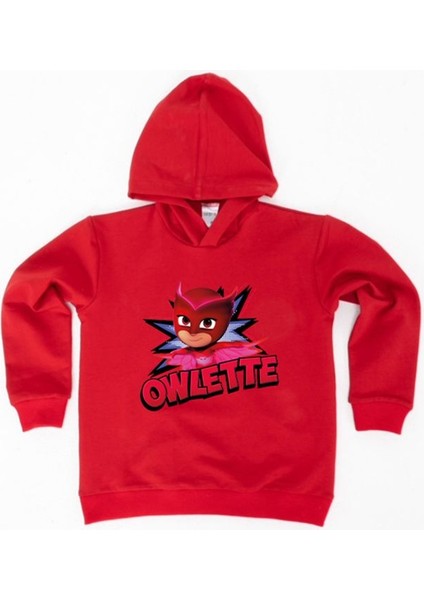 Pj Maskeliler Owlette Baskılı Kapüşonlu Pamuklu Kumaş Çocuk Sweatshirt