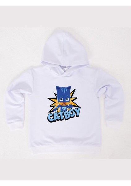 Pj Maskeliler Catboy Baskılı Kapüşonlu Pamuklu Kumaş Çocuk Sweatshirt