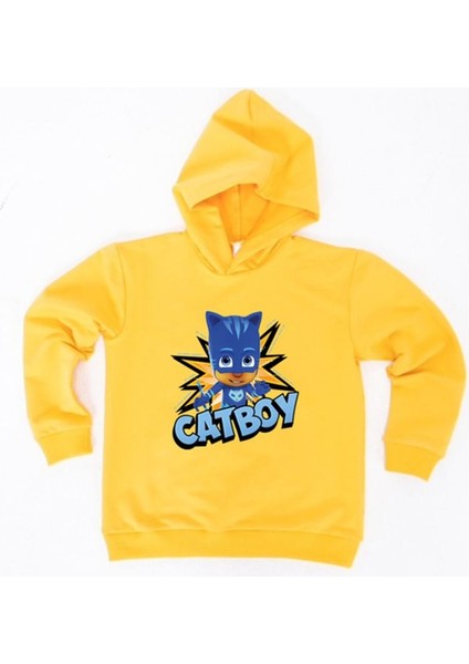 Pj Maskeliler Catboy Baskılı Kapüşonlu Pamuklu Kumaş Çocuk Sweatshirt