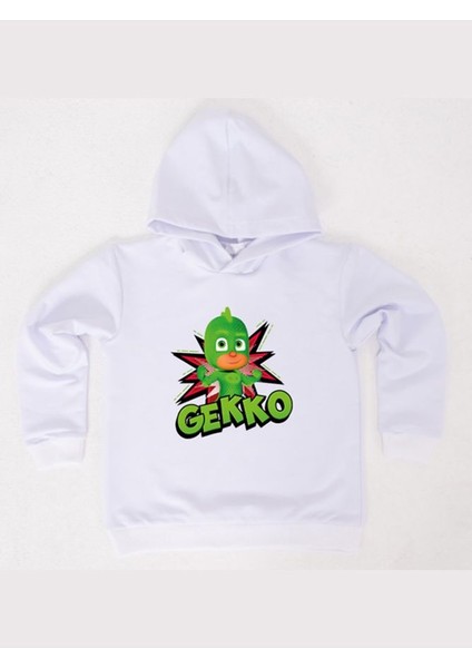 Pj Maskeliler Gekko Baskılı Kapüşonlu Pamuklu Kumaş Çocuk Sweatshirt