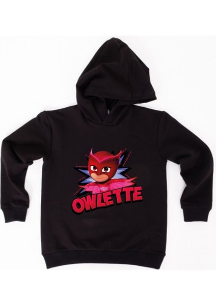 Pj Maskeliler Owlette Baskılı Kapüşonlu Pamuklu Kumaş Çocuk Sweatshirt