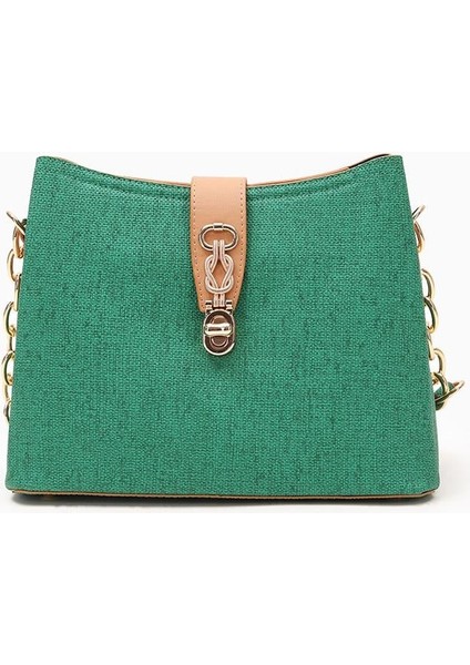 Çimen Yeşili Kumaş Dokulu Zincir Detay El Çantası