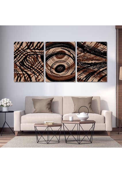 3'lü Kanvas Duvar Tablosu Kahverengi Modern Karışık Çizgiler