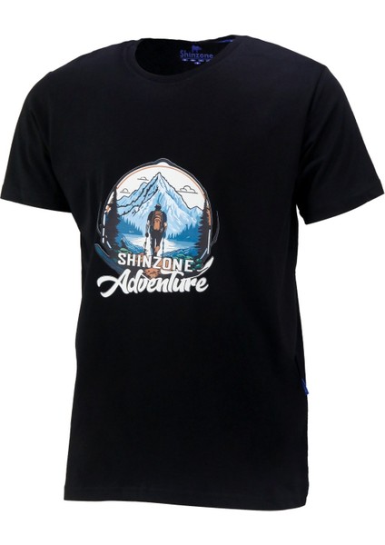 Erkek Bisiklet Yaka Mevsimlik Adventure Baskılı Standart Fit Siyah T-Shirt