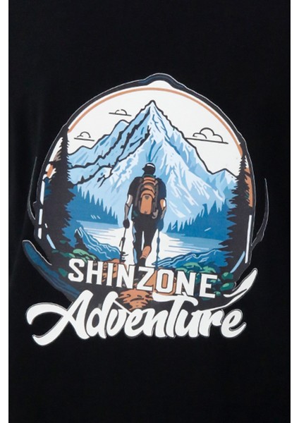 Erkek Bisiklet Yaka Mevsimlik Adventure Baskılı Standart Fit Siyah T-Shirt