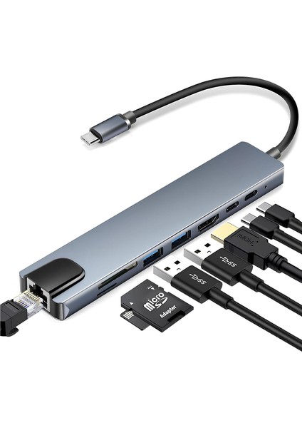 Type C Hub (8 Port), 100W Pd Şarj ve Veri Transfer Type-C Port 4K 30HZ Veya 1080P 60HZ Hdmı, 2 Adet USB 3.0 Port, Ethernet Baağlantısı, Mirosd ve Sd Kart Okuyucu MacBook Pro/air Vb. Uyumlu