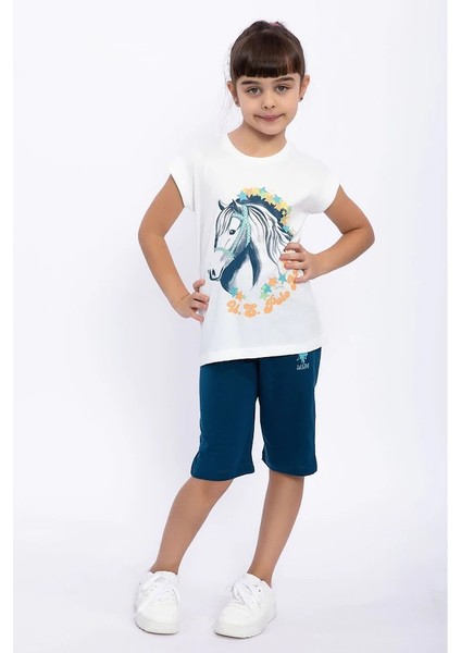 1049 Pamuklu Kısa Kol Kız Çocuk Bermuda Pijama Takımı Beyaz