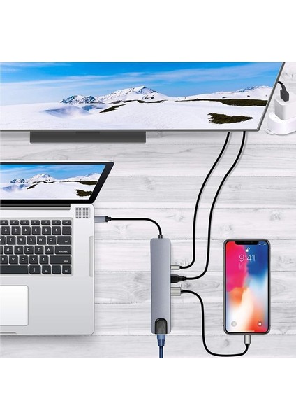 Type C Hub (8 Port), 100W Pd Şarj ve Veri Transfer Type-C Port 4K 30HZ Veya 1080P 60HZ Hdmı, 2 Adet USB 3.0 Port, Ethernet Baağlantısı, Mirosd ve Sd Kart Okuyucu MacBook Pro/air Vb. Uyumlu