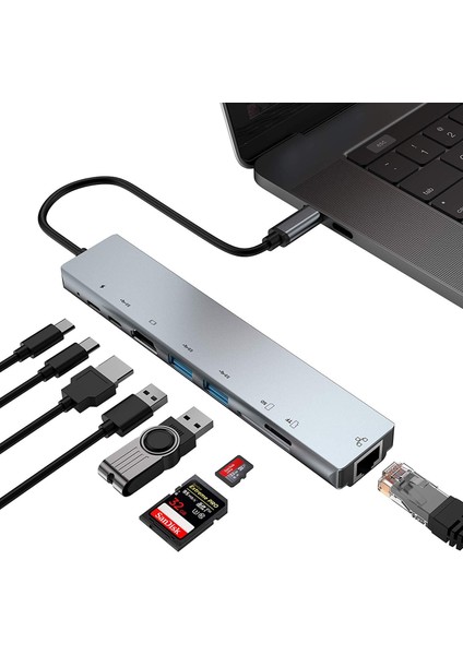 Type C Hub (8 Port), 100W Pd Şarj ve Veri Transfer Type-C Port 4K 30HZ Veya 1080P 60HZ Hdmı, 2 Adet USB 3.0 Port, Ethernet Baağlantısı, Mirosd ve Sd Kart Okuyucu MacBook Pro/air Vb. Uyumlu