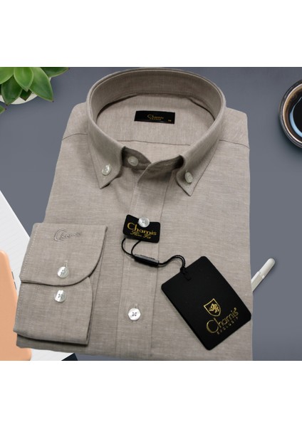 Slimfit Kum Beji Keten Düğmeli Yaka Gömlek