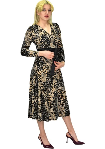 Kadın Viskon Leopar Desenli V Yaka Elbise BGL-ST03536