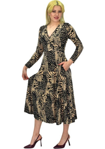 Kadın Viskon Leopar Desenli V Yaka Elbise BGL-ST03536