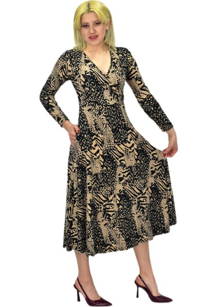 Kadın Viskon Leopar Desenli V Yaka Elbise BGL-ST03536