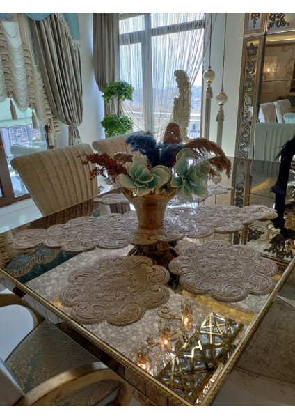 Damla 5 Parça Lüks Runner Salon Oda Sehpa Masa Örtü Takımı Fransız Güpürlü Çeyizlik Set