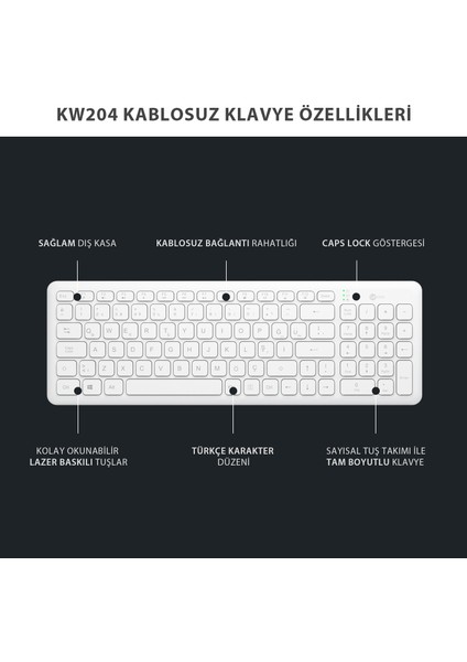 KW204 2.4GHz Kablosuz Türkçe Q Klavye & Mouse Set Beyaz