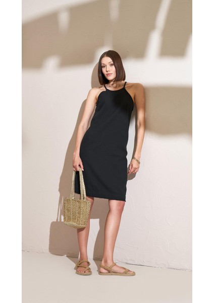 Kadın Siyah Ip Askılı Etek Ucu Püsküllü Kısa Elbise