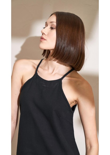 Kadın Siyah Ip Askılı Etek Ucu Püsküllü Kısa Elbise modelleri