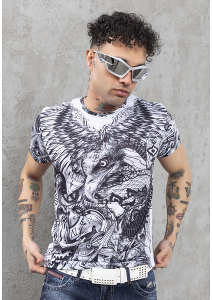CT781 Kartal Baskılı Tasarım Bisiklet Yakalı Erkek Tişört