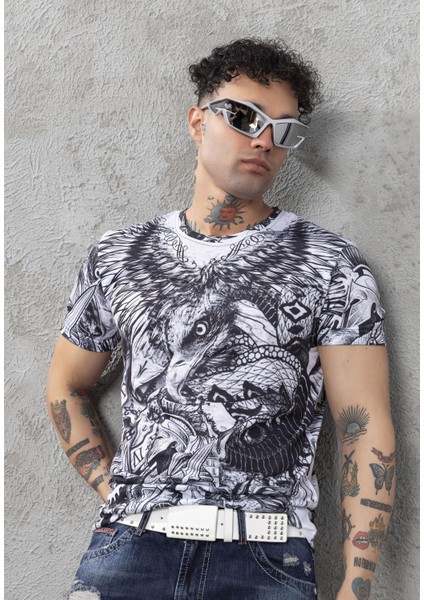 CT781 Kartal Baskılı Tasarım Bisiklet Yakalı Erkek Tişört fiyatları