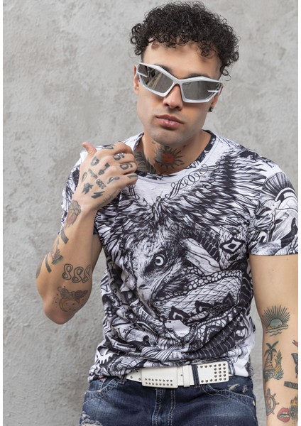 CT781 Kartal Baskılı Tasarım Bisiklet Yakalı Erkek Tişört modelleri