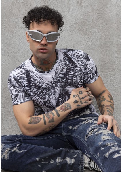 CT781 Kartal Baskılı Tasarım Bisiklet Yakalı Erkek Tişört fırsatları