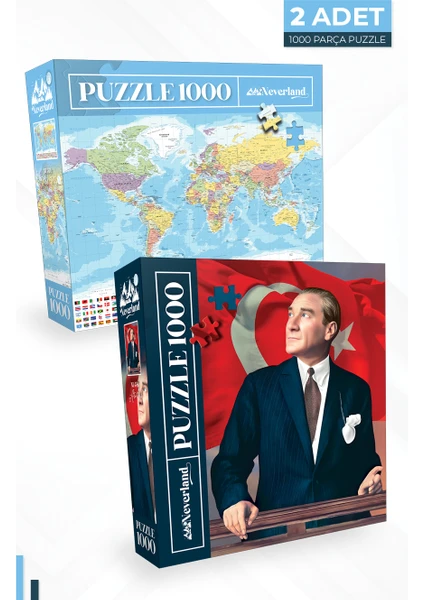 2 Adet 1000 Parça Puzzle - Atatürk ve Dünya Haritası-I