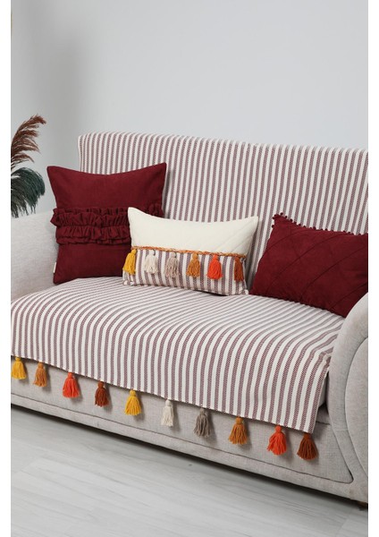 Sırt ve Oturma Kısmını Kapatan Renkli Püsküllü Çizgili Koltuk Örtüsü 180X155 CM,KO-30IK