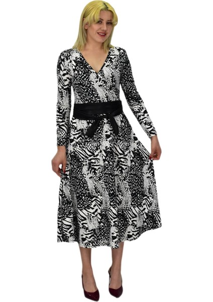Kadın Viskon Leopar Desenli V Yaka Elbise BGL-ST03536