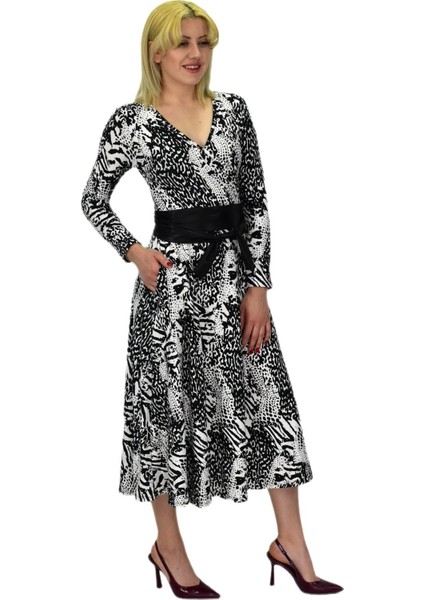 Kadın Viskon Leopar Desenli V Yaka Elbise BGL-ST03536