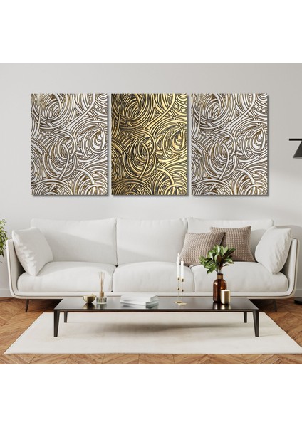 3'lü Kanvas Duvar Tablosu Gold Beyaz Modern Çizgiler