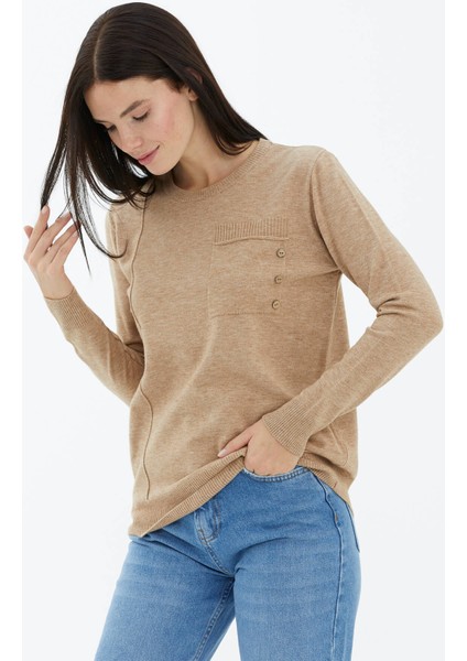 Sıfır Yaka Cepli Düğmeli Triko Kazak - Bej