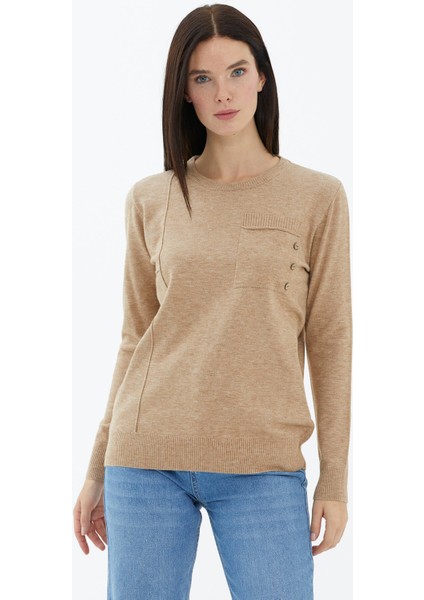 Sıfır Yaka Cepli Düğmeli Triko Kazak - Bej fiyatları